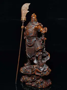 

7" Chinese Boxwood Seikos Wood Carving Guan Gong and Wu Sheng Statues Four handsome guardians of Zhongyi Taoism Guan Yu statues