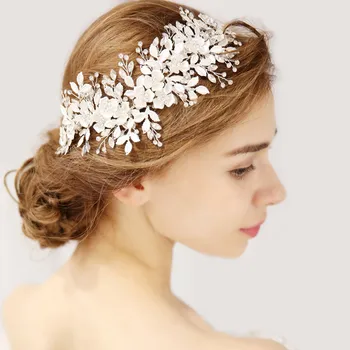 

NPASON Silver Floral Bridal Headpiece Tiara Wedding Hair Accessories Hair Vine Handmade Headband Hair Jewelry For Bride