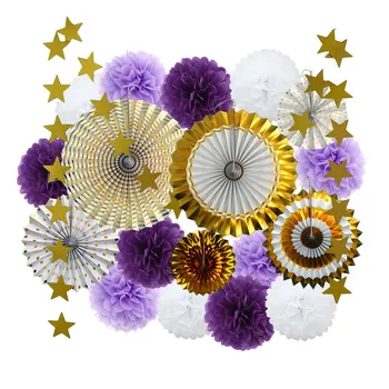 

19pcs/set Baby Boy Girl Baptism Decoration Gold Purple Set Folding Hanging Paper Fans Pom Pom Kids Events Birthday Party Favor