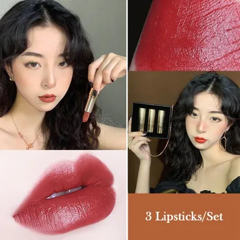 

3 Pcs/set Matte Silky Lipstick Waterproof Non-stick Cup Long Lasting Moisturizing Coloring Red Lipstick Kit