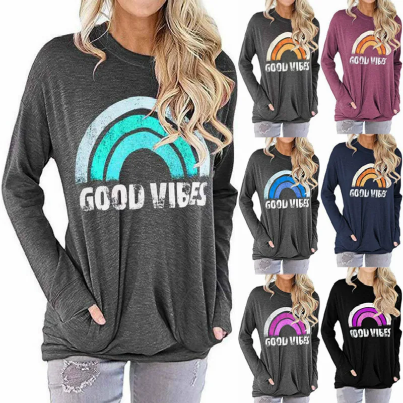 

Spring autumn Women's Rainbow t-shirt cotton women tops GOOD VIBES Letter Print sweatshirt Loose Round Neck Long Sleeve T-Shirt