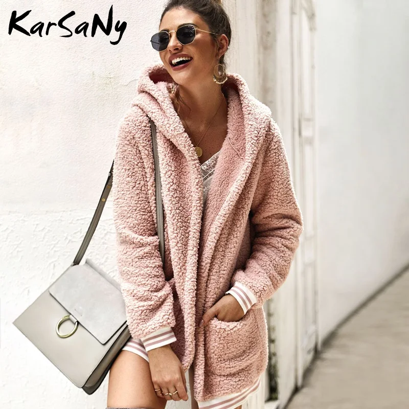 

KarSaNy Women Fur Coat With Hood Winter Coats For Women Jackets Pink 2019 Warm Hooded Coat Woman Womens Faux Fur Jacket Hoodie