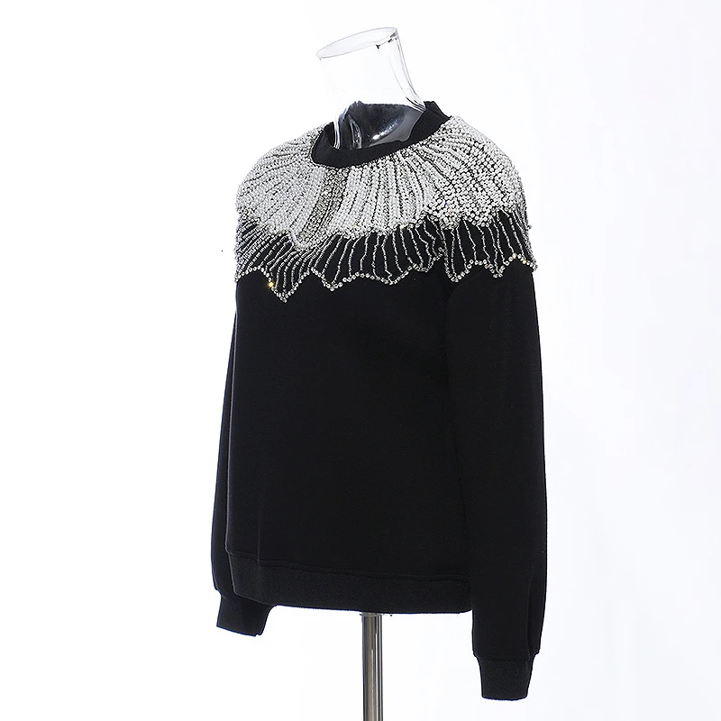 TWOTWINSTYLE, черные Лоскутные Женские кофты с бисером, с круглым вырезом, с длинным рукавом, негабаритные пуловеры для женщин, осень, модная новинка