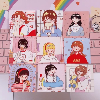 

9Pcs/set 6*6cm Korean Cartoon Lovely Girls Head Smiley Face INS Album HD Photo Card Self Adhesive Stickers Photocard