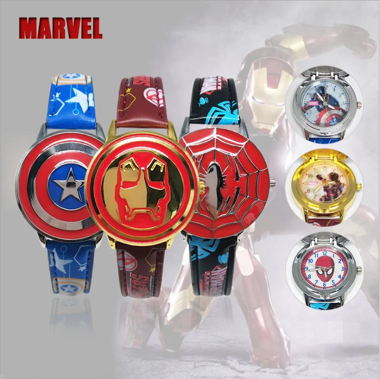 Часы Marvel, Мстители, Капитан Америка, Человек-паук, Железный человек, детские кожаные кварцевые часы с откидной крышкой, металлический чехол, часы супергероя для мальчиков