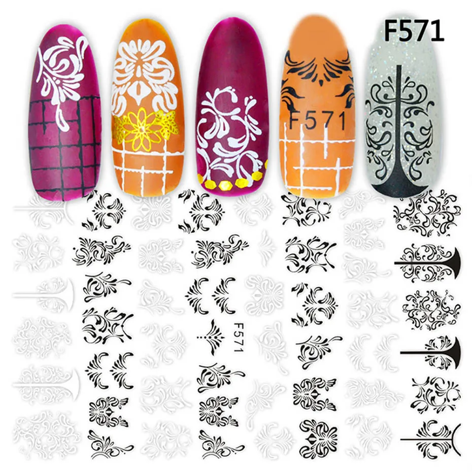 1 шт., черные, белые наклейки с русскими буквами для ногтей, цветочный лист, фламинго, дизайн, клеящиеся кончики для маникюра, декор для ногтей, SAF554-573 - Цвет: F571