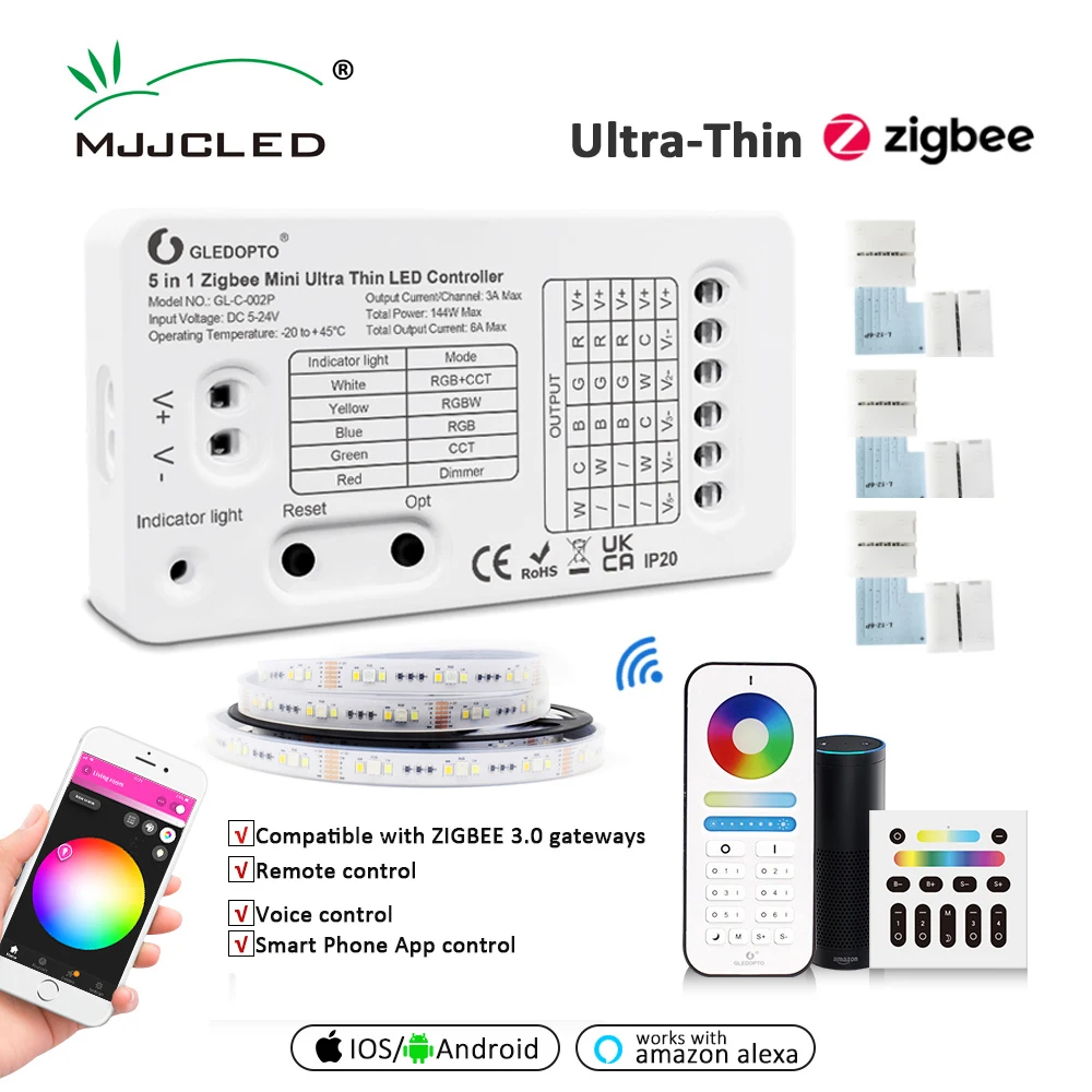 Gledopto Zigbee Tuya LED Strip Light Controller 5V 12V DC 24V Mini WIFI Smart LED Dimmer RGB CCT RGBWW RGBCCT 5in1 Controler 5m 96leds m rgbcct 5in1 led strip light rgb white warm white 5050 smd dual white temperature adjustable led strip 12mm pcb dc24v