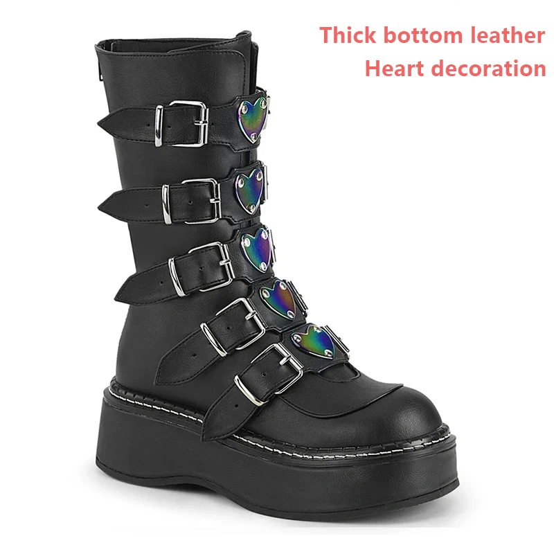 Women Mid Calf Platform Boots Autumn Leather Wedge Gothic Shoes Biker Boots Woman Heart Female Punk Buckle Footwear 2022 2