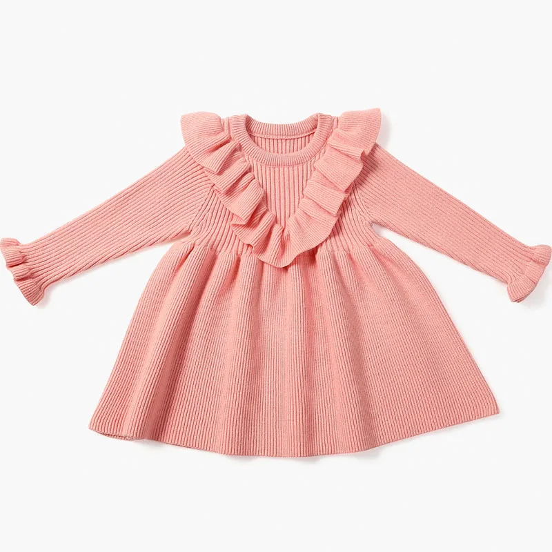 MILANCEL/зимняя одежда для маленьких девочек; платье-свитер для девочек; Однотонный пуловер; детская вязаная одежда - Цвет: Розовый
