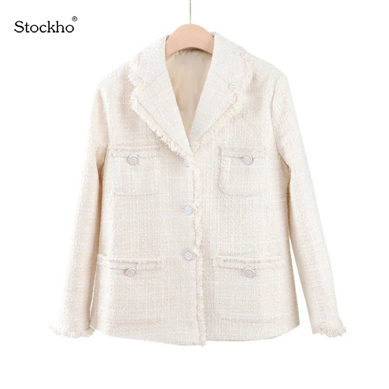 Women'sTweed Jacket One-Piece Suit Spring Autumn Lady Style Woolen Cloth Coat 2021 Fashion Plaid Pee Suit New Jacket Casual Top