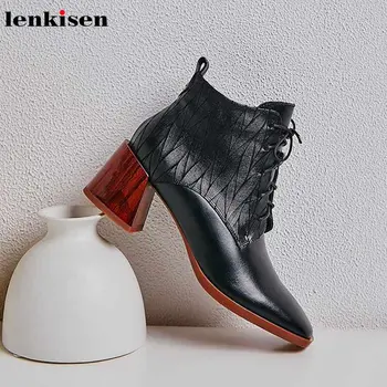

Lenkisen print genuine leather square toe high heels office lady dress British lace up winter keep warm women ankle boots L6f5