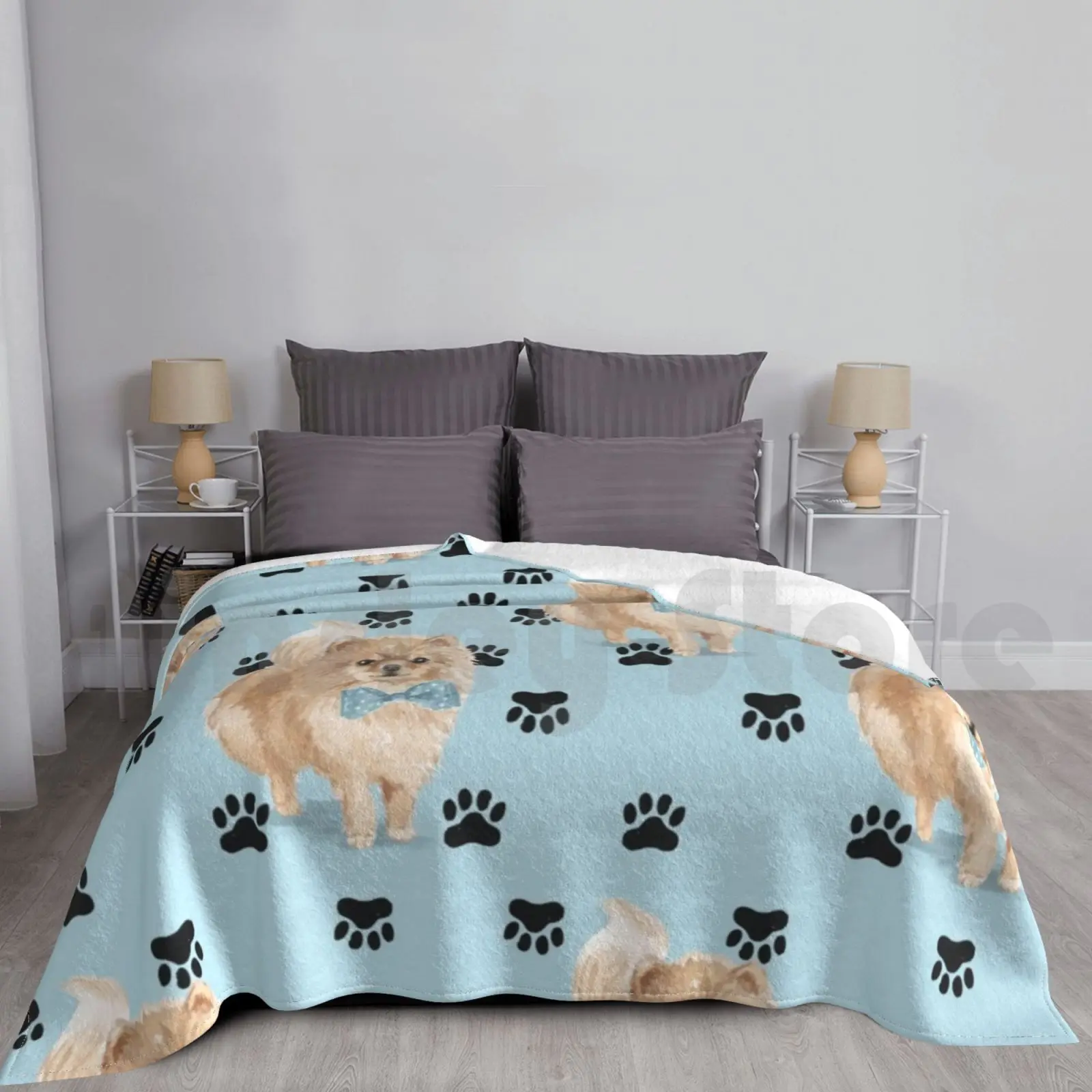 

Pomeranian Paw Prints Pattern On Blue Blanket For Sofa Bed Travel Pomeranian Dog Paw Animal Pet Cute Blue Love