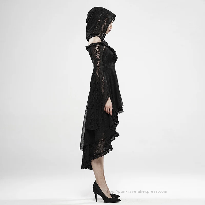 PUNK RAVE Women's Gothic Wilderness Witch Lace Irregular Long Sleeve Dress Gorgeous Dark Mesh Sexy Hooded Dress 2 Colors