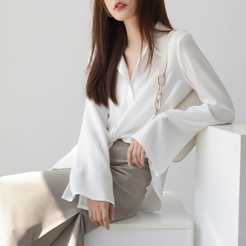 Mzomxo Chiffon Long Sleeve Shirt Women's Autumn Clothing 2021 New Lazy and Loose Top Bell Solid Color White | Женская одежда