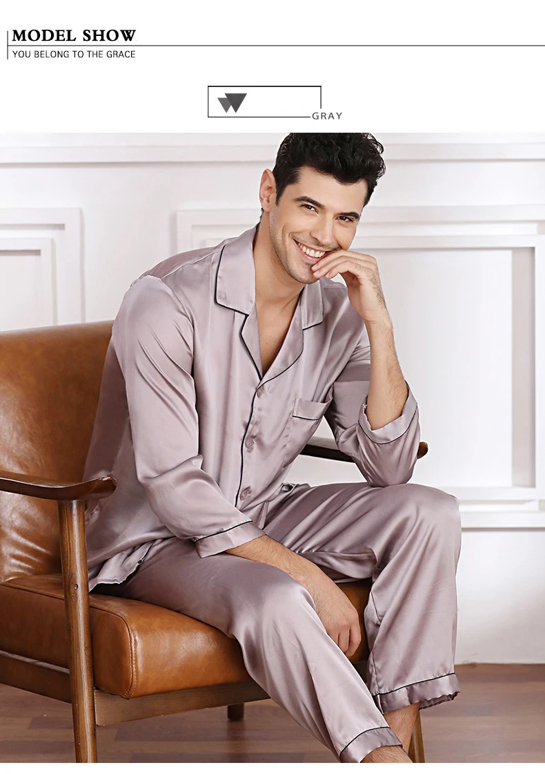 Шелковые пижамы с длинными рукавами, костюм из двух предметов, чистый шелк, благородный мужской домашний костюм, Шелковый костюм, шелковые пижамы для мужчин, мужская одежда для сна