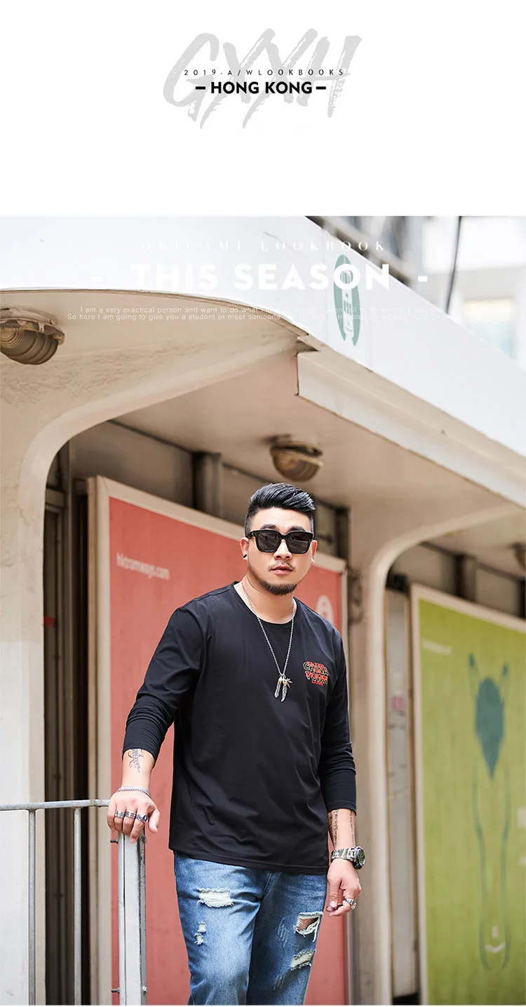 GXXH Large Size Men's Wear Fashion Autumn Fat Guy Long-sleeved Chinatown Chinese Dragon Printed Big Size T-shirt Male Oversized