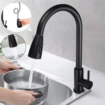 

Black Pull Out Kitchen Faucet Single Handle Single Hole Kitchen Tap 360 Rotation Swivel Sprayer Water Mixer Tap Cold And Hot