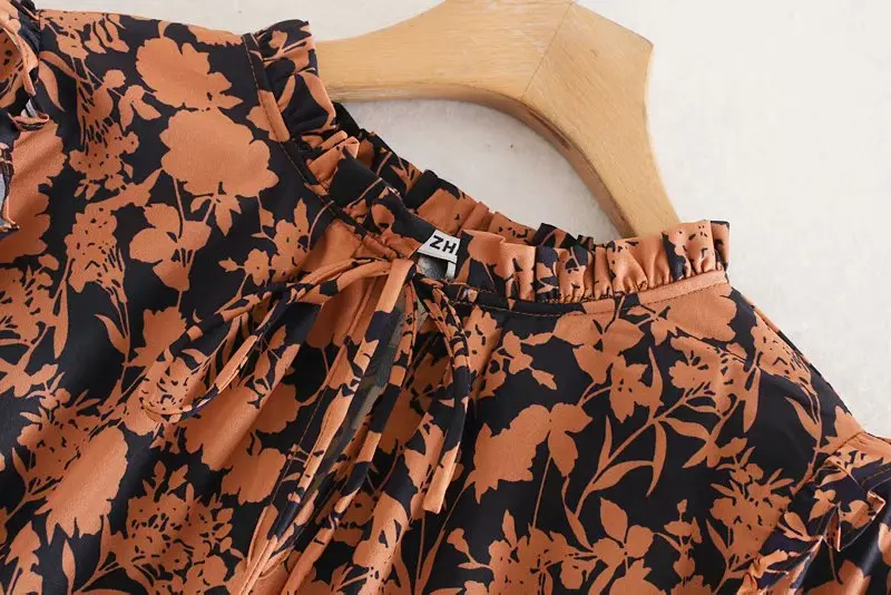 Goedkoop Vrouwen elegante ruches kraag afdrukken shirtdress herfst lady agaric kant ruches vestidos lace up party een lijn Jurken DS3040