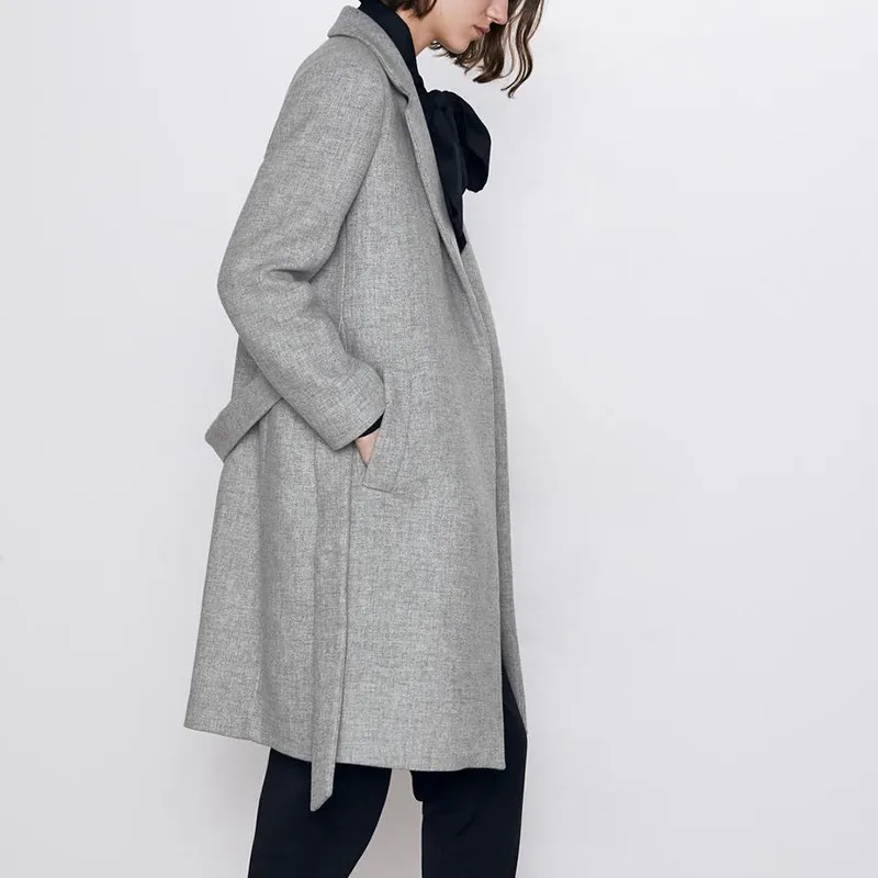 Onoti Molazo Coats Woolen Long Windcheater Casual Winter Sashes Pockets Chic Elegant Ladies Windbreaker Coat Female New