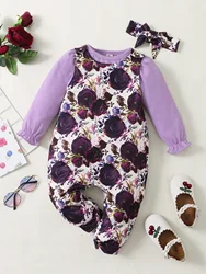Ensemble 3 pièces pour bébé fille de 0 à 18 mois, tenue de printemps/automne, Top violet + salopette florale, ensemble bandeau pour nouveau né 