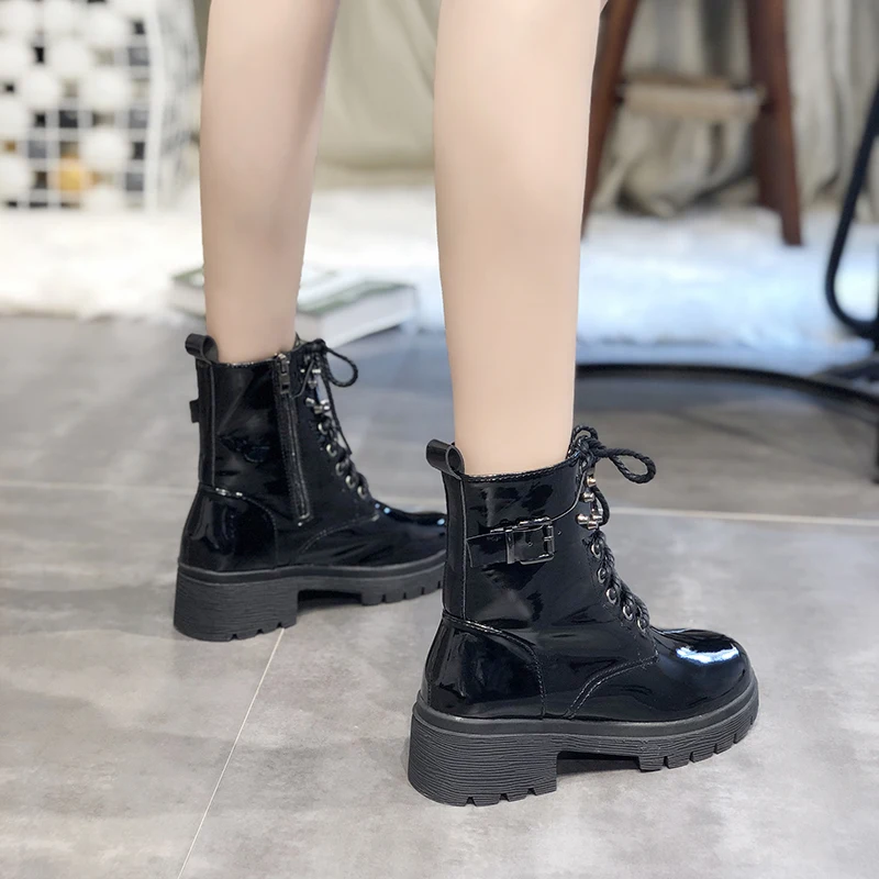 White Western Boots Cowboy Boots Women New Lace Up Leather Boots Black Ankle Boots Women Fashion Punk Combat Boots Platform