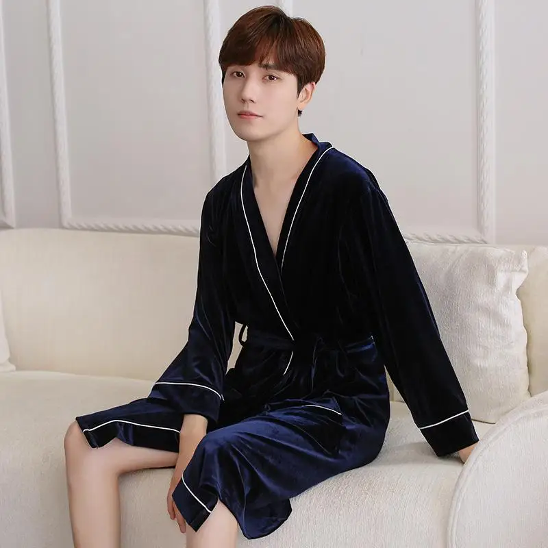 Осенний мужской бархатный халат-кимоно, одежда для сна, Удобный Повседневный мягкий халат, ночная рубашка, элегантная однотонная Домашняя одежда, Noightwear - Цвет: Navy Blue
