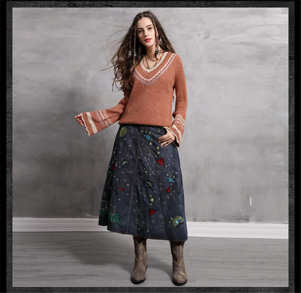 Spring Women Embroidery Loose Sweater 2020 Knitting Cotton Wool Pullover Flare Sleeve V neck Christmas bottoming Sweaters 9268 (8)