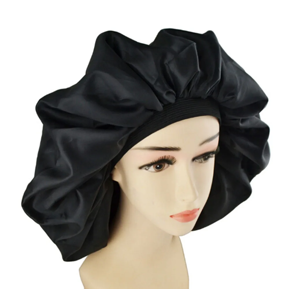 1 шт. черная супер шапочка для душа для сна Водонепроницаемая женская шляпа для ухода за волосами Большая атласная шелковая шляпа для сна Роскошная Премиум эластичная лента