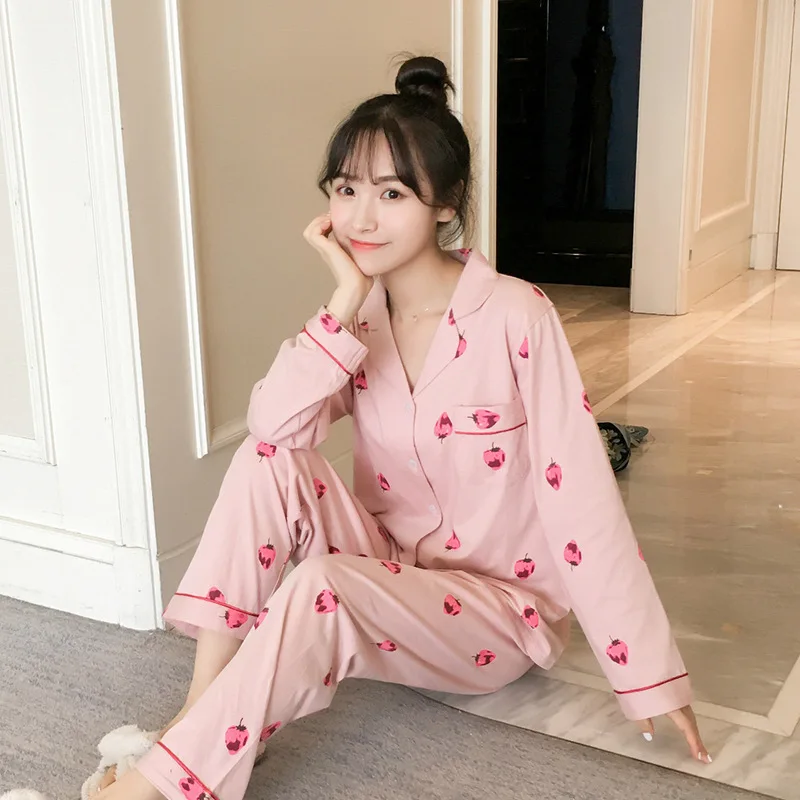 

Pajamas Women's Spring And Autumn Pure Cotton Long Sleeve Small Fold-down Collar Cardigan Strawberry Two-Piece Set Korean-style
