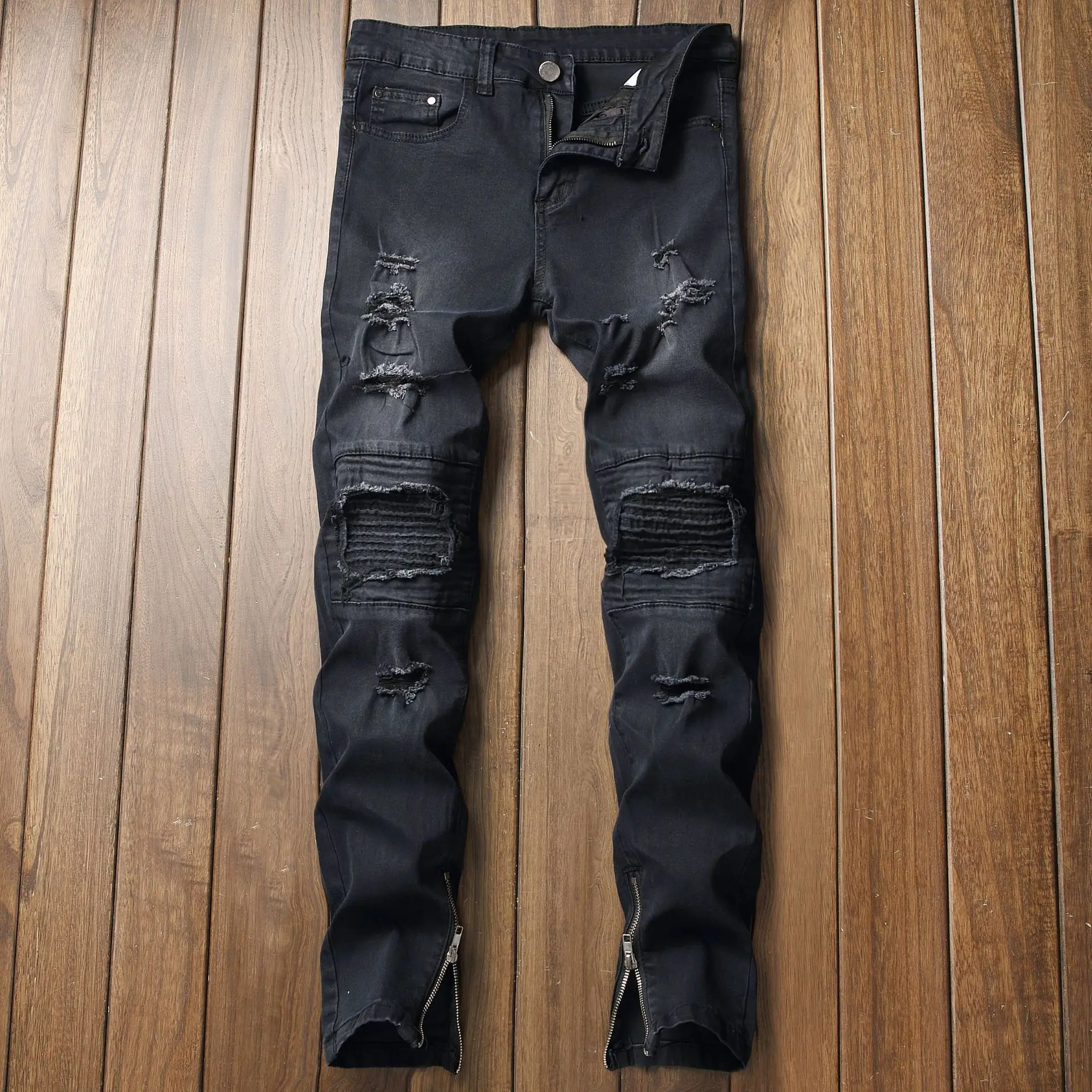 High Quality Men Casual Jeans Hole Slim Straight Pleated Biker Jeans Pants 2019 Male Hombre Denim Fashion Black Pants
