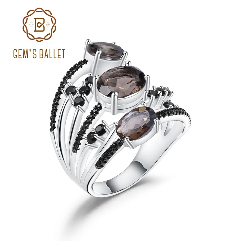 GEM'S балетное 925 пробы Серебряное кольцо с тремя камнями 3.30Ct Натуральный дымчатый кварц драгоценный камень кольца для женщин хорошее ювелирное изделие