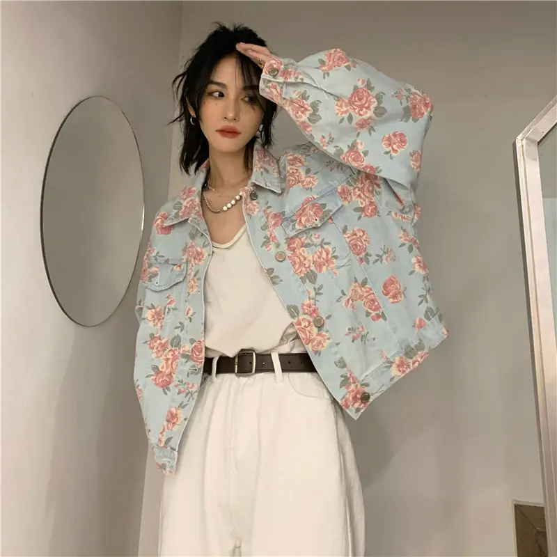 Retro Temperament Floral Denim Jacket Women Short Style Spring Autumn 2022 New Flower Print All-Match Single-Breasted Coats | Женская