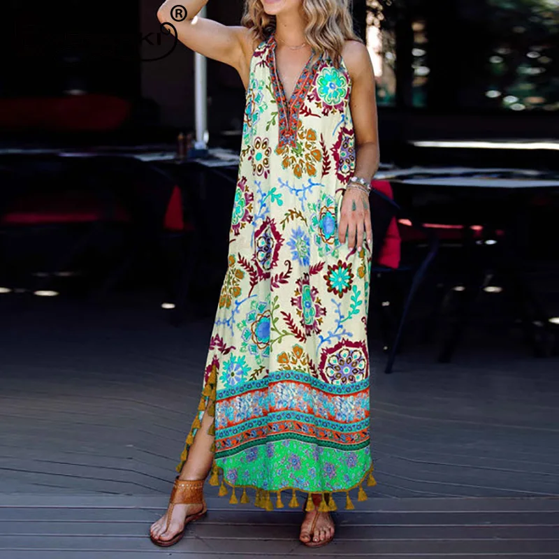 Everkaki женские длинные платья без рукавов с принтом Boho tassels летние пляжные платья женские винтажные макси платья шикарные женские Новинка - Цвет: Green