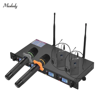 

4-Channel UHF Wireless Microphone System 2 Headset Mics with Bodypack Transmitters + 2 Handheld Mics + 1 Rack-Mount Receiver