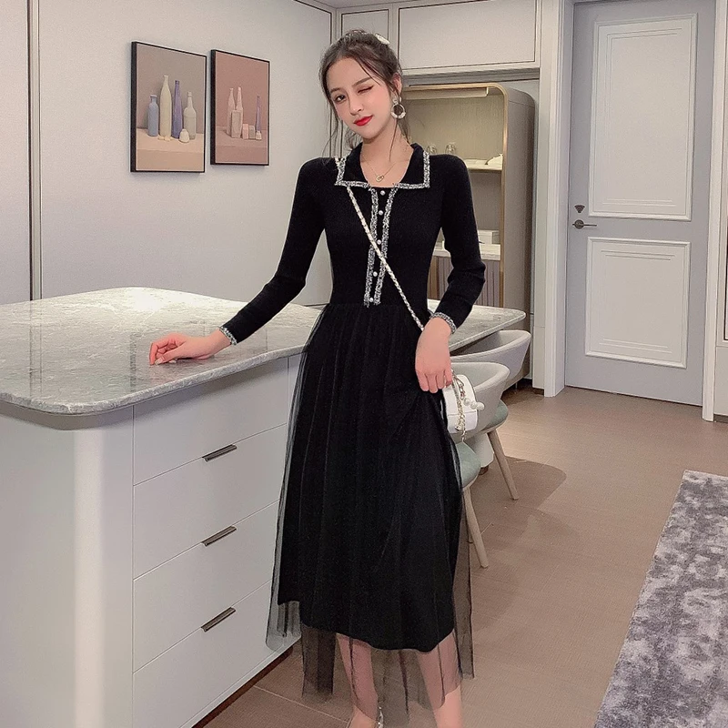 Осенне-весеннее модное платье, элегантное женское платье с длинным рукавом, трикотажное платье средней длины, сказочное платье с высокой талией, Сетчатое женское платье