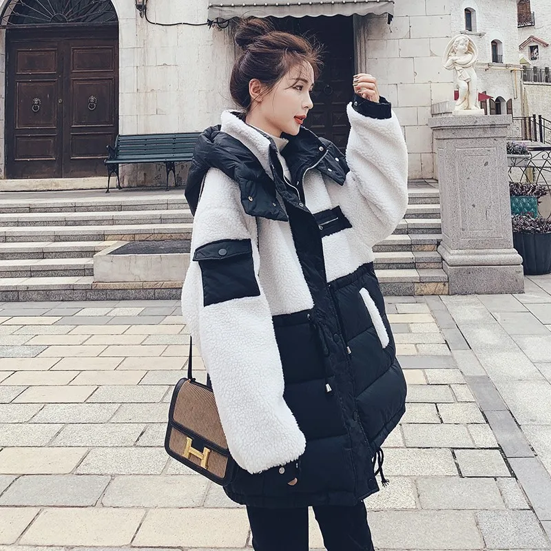 

New lamb wool stitching cotton jacket winter Korean loose temperament hooded thick cotton jackets warm coat