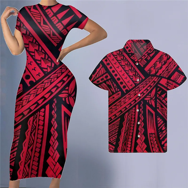 

Noisydesigns Summer Casual Hibiscus Print Red Bodycon Dresses Polynesian Tribal 4XL Women Couples Match Clothing Men Dropship