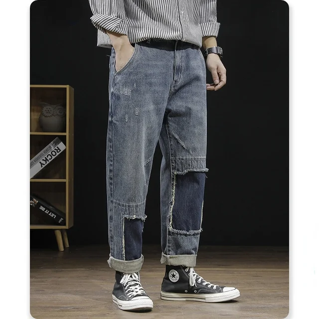 Vintage Men's Jeans Fashion Patchwork Straight Harlan Pants Streetwear Hip Hop Loose Patch Denim Trousers Male Oversized Clothes 4