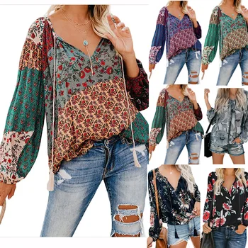 

New 2020 Women Blouses Vintage Floral Print Shirts Casual Long Sleeve V-Neck Drawstring Loose Blouse Autumn Lady Plus Size Tops