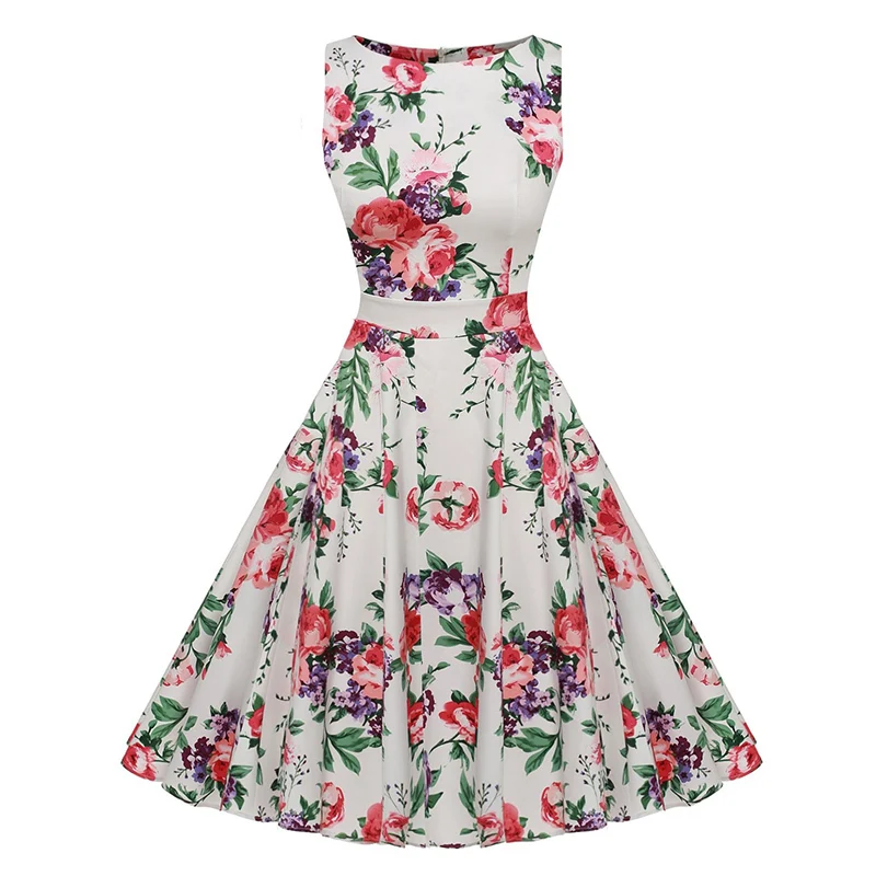 Kostlish Cotton Summer Dress Women 2017 Sleeveless Tunic 50s Vintage Dress Belt Elegant Print Rockabilly Party Dresses Sundress (64)