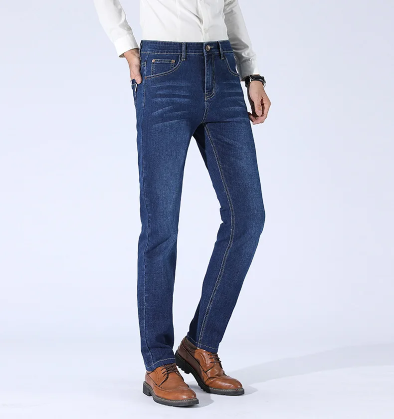 Модные мужские черные синие джинсы, мужские осенние зимние деловые прямые Эластичные Обтягивающие джинсы, Мужские повседневные джинсы высокого качества