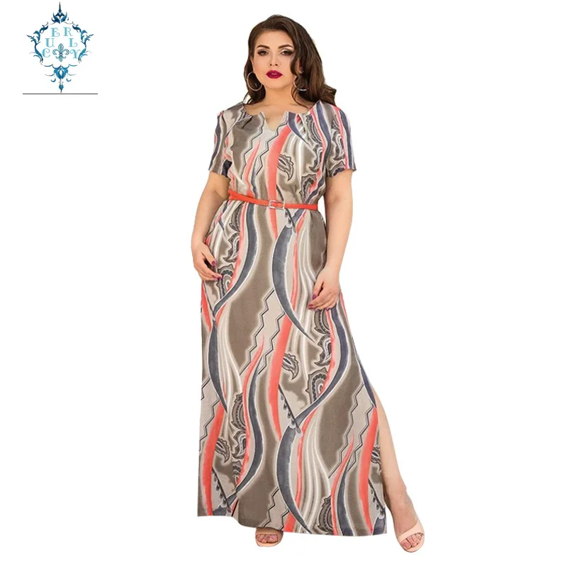 

CUERLY 2019 plus size dress elegant large hem split maxi dresses fashion abstract pattern printed belt girl women's clothing
