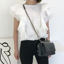 

Korean Fashion Women Solid White T Shirts 2021 Summer Loose Tops Design Ruffled Chiffon Stitch Sleeveless Casual T-shirt Top