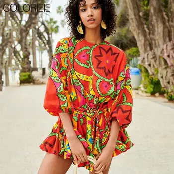 

Vacation Bohemian Floral Printed Women Dress 2020 Summer Runway Designers O-neck Long Sleeve Ruffles Chiffon Dress