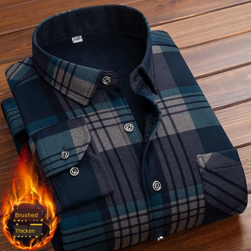 Camisa Formal de manga larga para hombre, camisa de lana cálida a cuadros de gran tamaño con cuello a cuadros, ropa de terciopelo de invierno, camisa cálida a cuadros 5XL, 2020