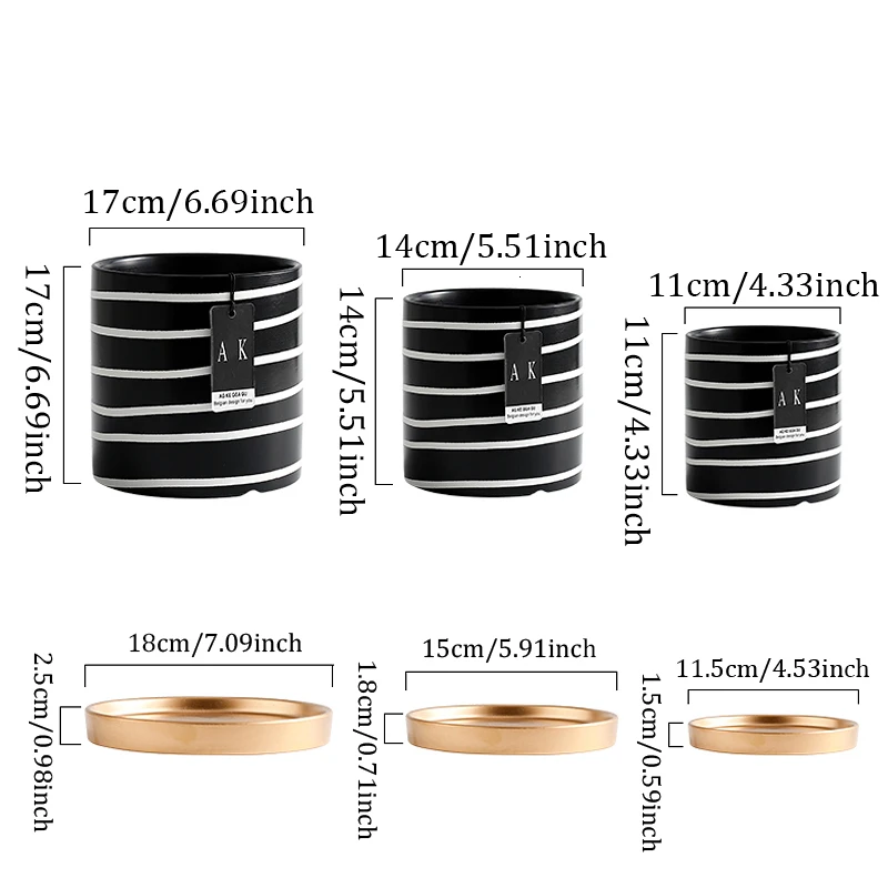 Черный и белый полосатый керамический цветочный горшок с поддоном круглый Настольный цветочный контейнер для украшения дома