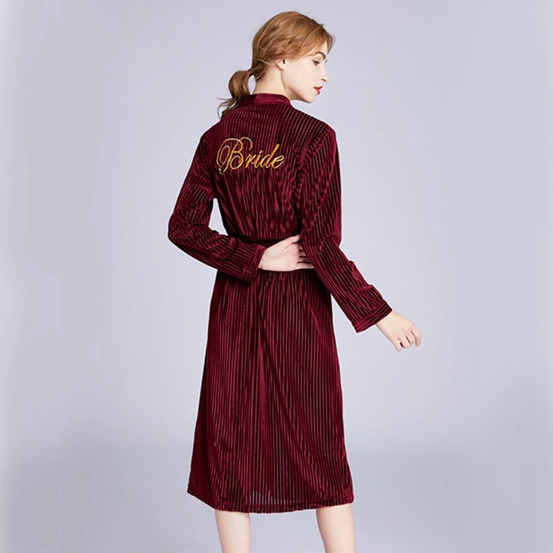

New Wine red Velour Kimono Bathrobe Women Embroidery Bride Bridesmaid Wedding Robe Dressing Gown Sexy Long Sleepwear M L XL