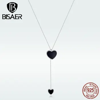 

BISAER Pendant Necklace Authentic 925 Sterling Silver Female Black Heart Pendant Necklace Fashion Necklace Accessories HVN095