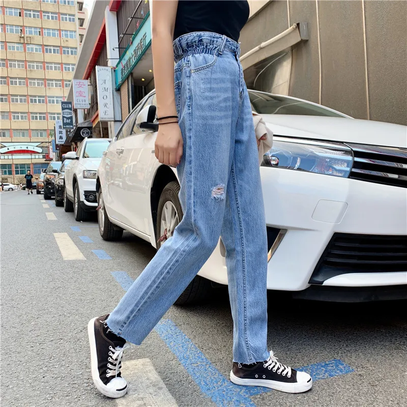 S-xl корейский шик стиль женские rippeddenim Брюки повседневные синие с высокой эластичной талией джинсы для женщин прямые брюки женские(Z8671