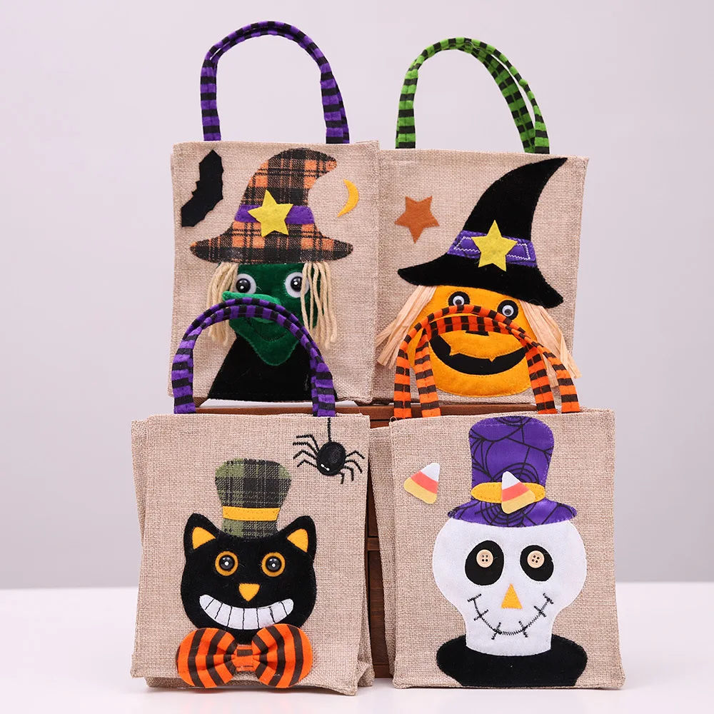 

Halloween Decoration Linen Carrier Bag Halloween Party Gift Children Pumpkin Witch Black Cat White Ghost Candy Bag Decor Bonbon